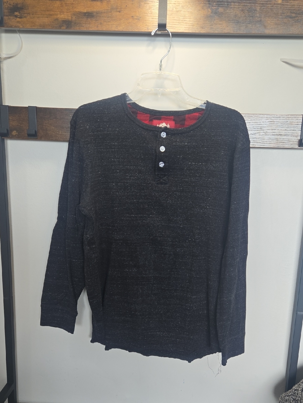 Men's Black Long Sleeve Henley with Contrast Plaid Neckline
